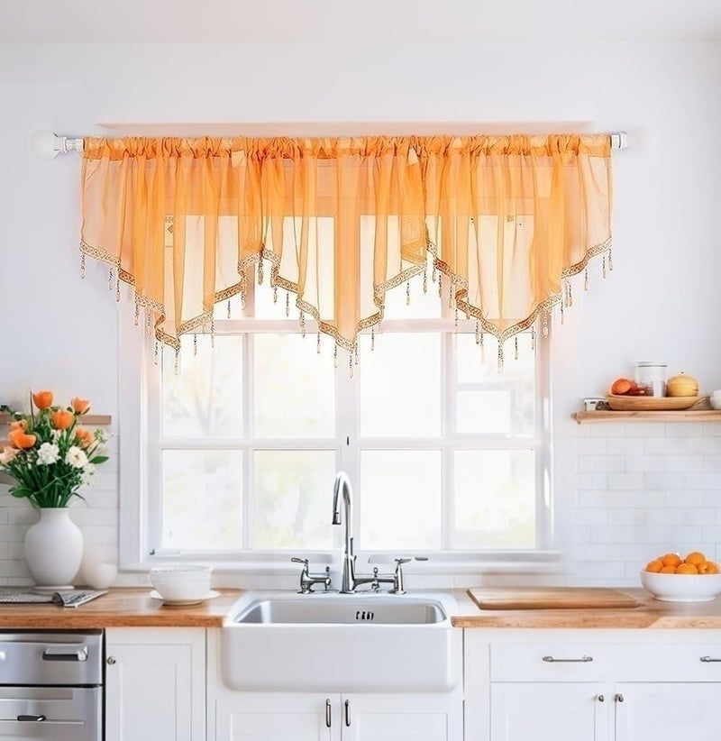 WUBODTI Orange Beaded Sheer Curtain Valances for Kitchen Windows, Triangle Sheer Voile Swag Valance Curtains Boho Bead Tassels Window Valances for Bedroom Bathroom Living Room,3PCs, Each W51 x L24 - Image 1